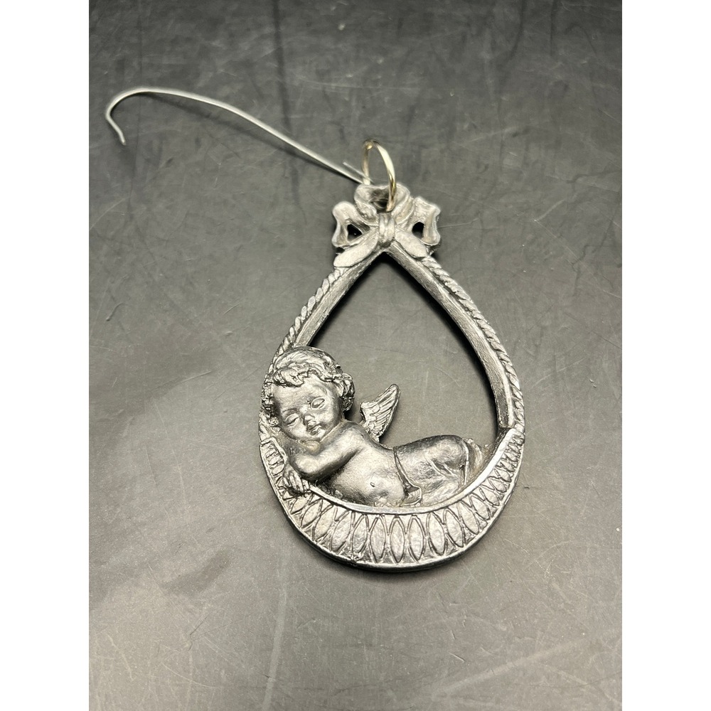 Vtg Peltro‎ Angel Ornament Italian Pewter Sleeping Cherub in Teardrop Christmas